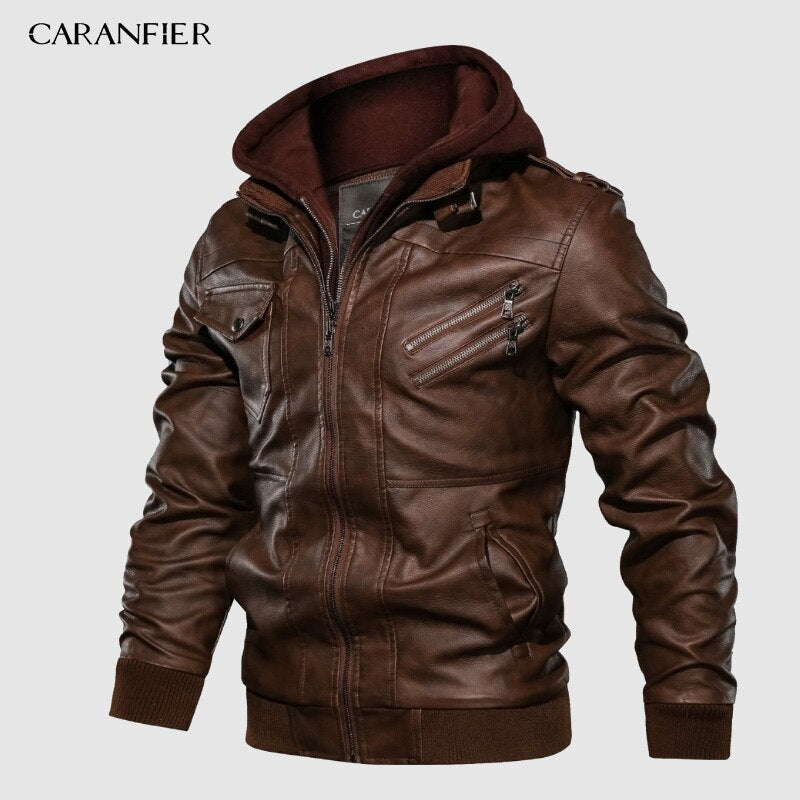 CARANIFER Mens PU Hooded Jacket