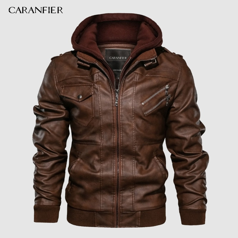 CARANIFER Mens PU Hooded Jacket