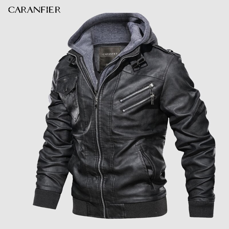 CARANIFER Mens PU Hooded Jacket