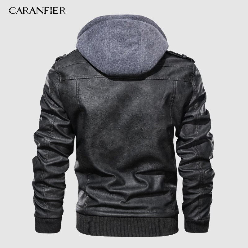 CARANIFER Mens PU Hooded Jacket