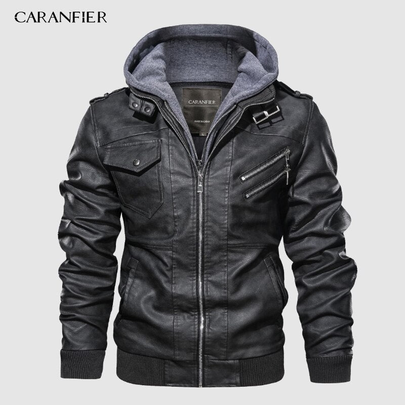 CARANIFER Mens PU Hooded Jacket