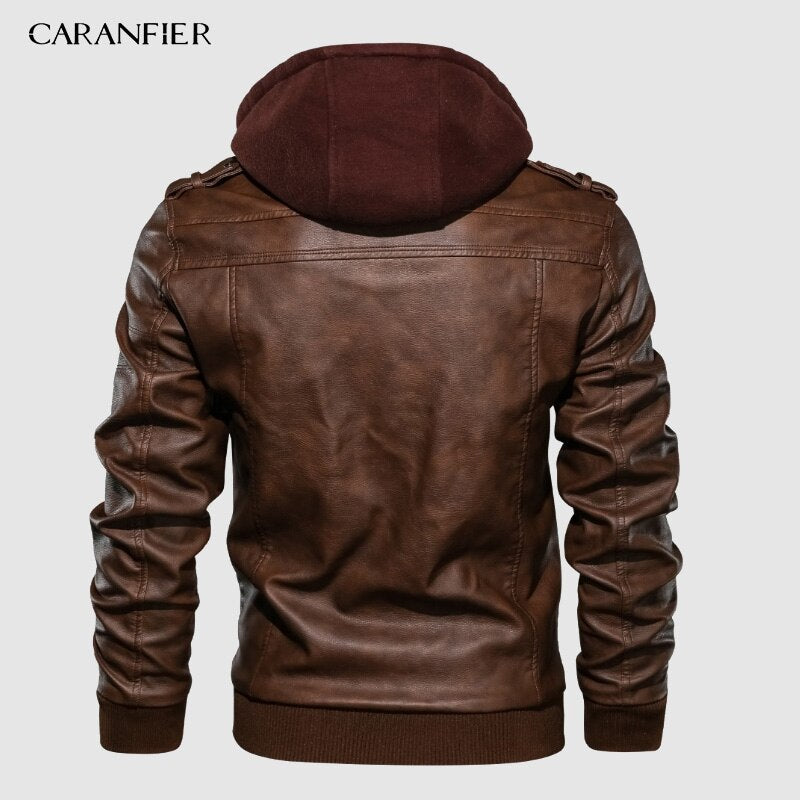 CARANIFER Mens PU Hooded Jacket